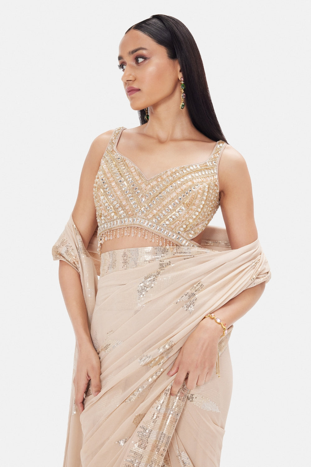 Beige Georgette Pre-Drape Set Saree with Cutdana and Moti Work