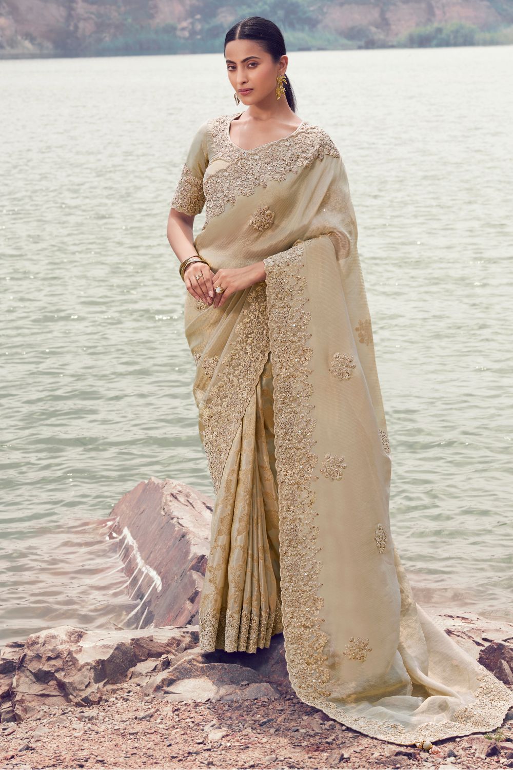 Beige Georgette Stone and Moti Work Saree
