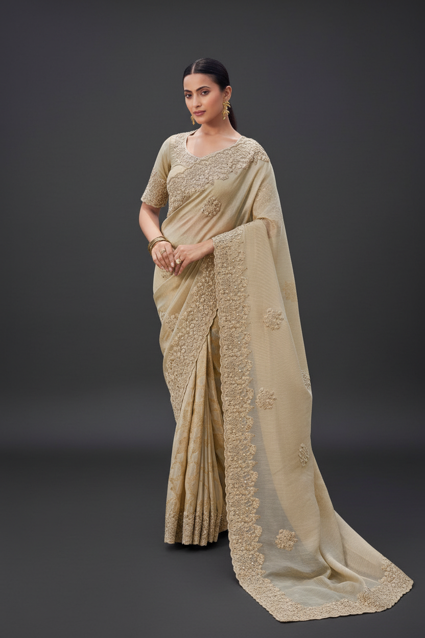 Beige Georgette Stone and Moti Work Saree