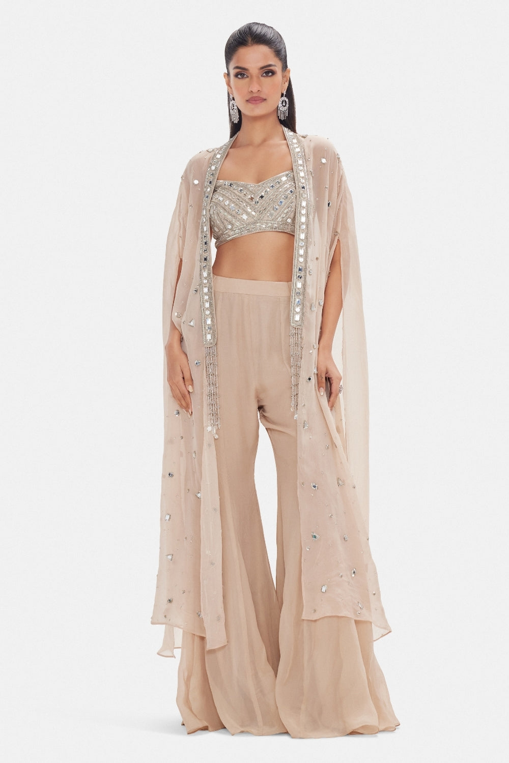 Beige Organza Indo Western Set with Cutdana and Zari Work