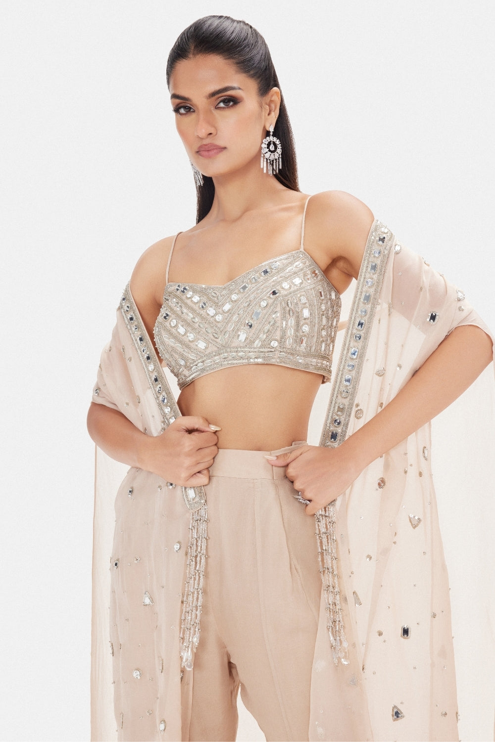 Beige Organza Indo Western Set with Cutdana and Zari Work
