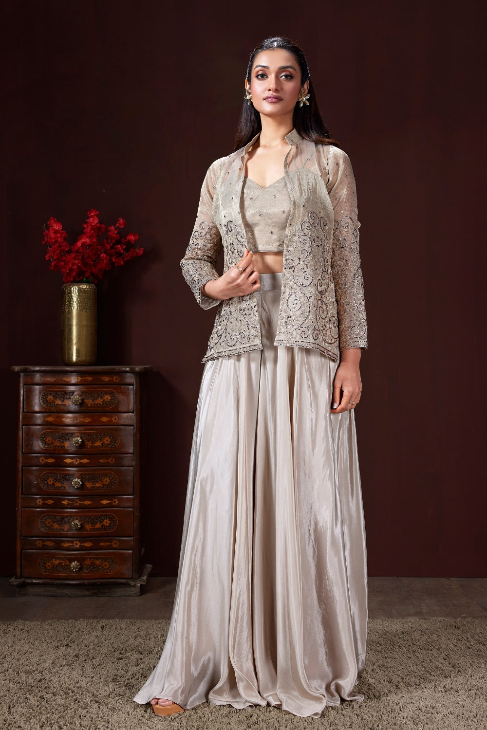 Beige Organza Palazzo Set with Mirror and Cutdana Work