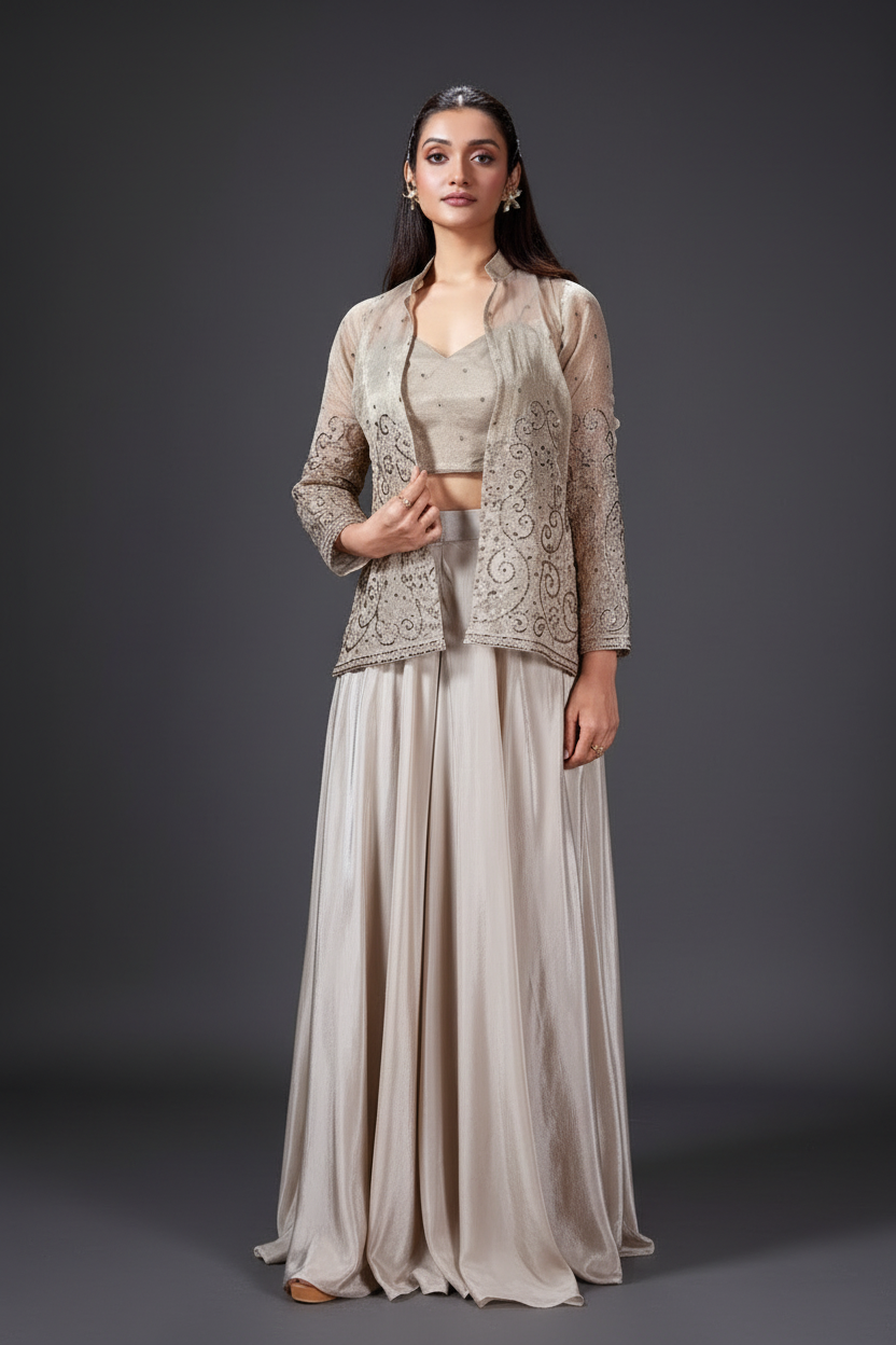 Beige Organza Palazzo Set with Mirror and Cutdana Work