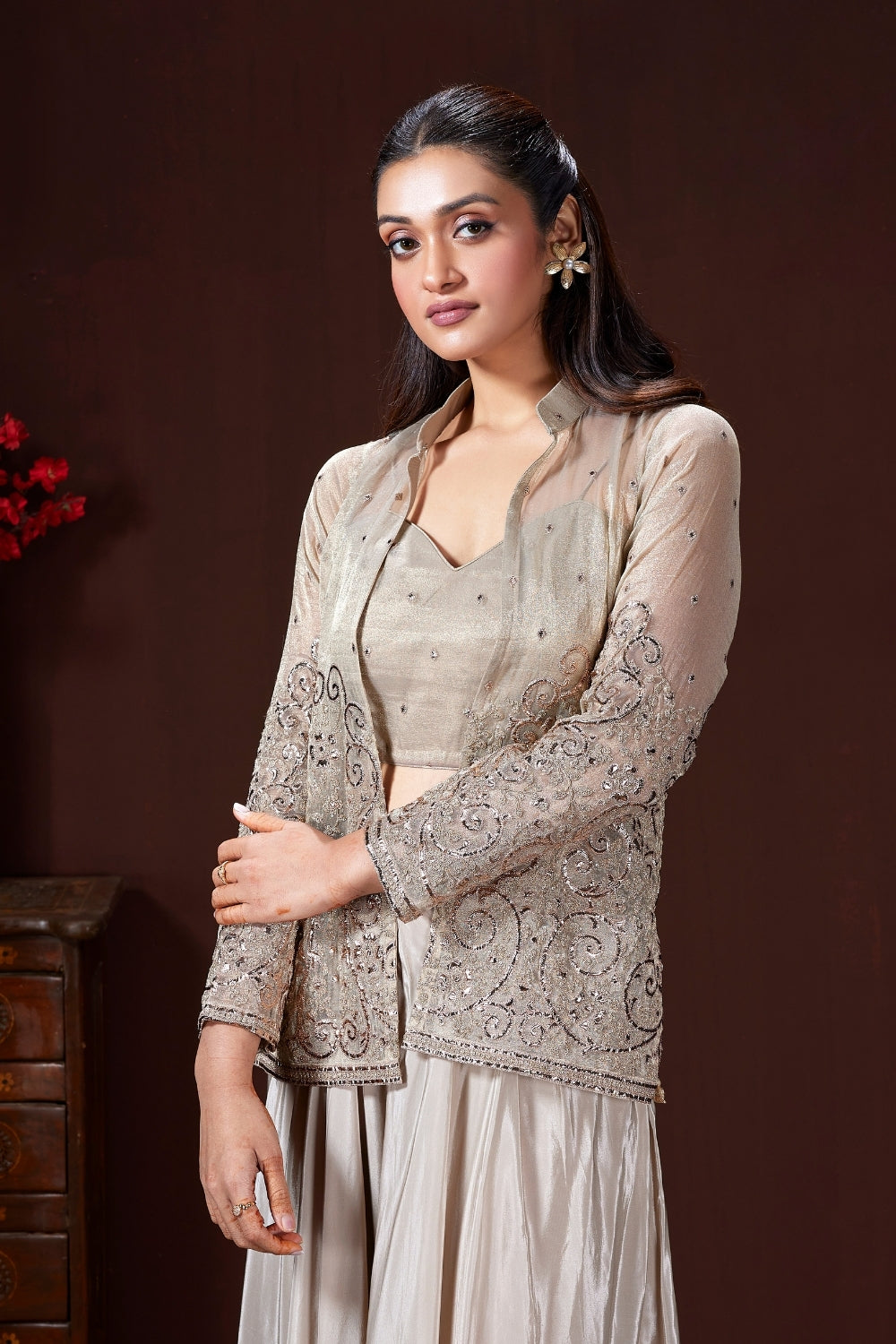 Beige Organza Palazzo Set with Mirror and Cutdana Work