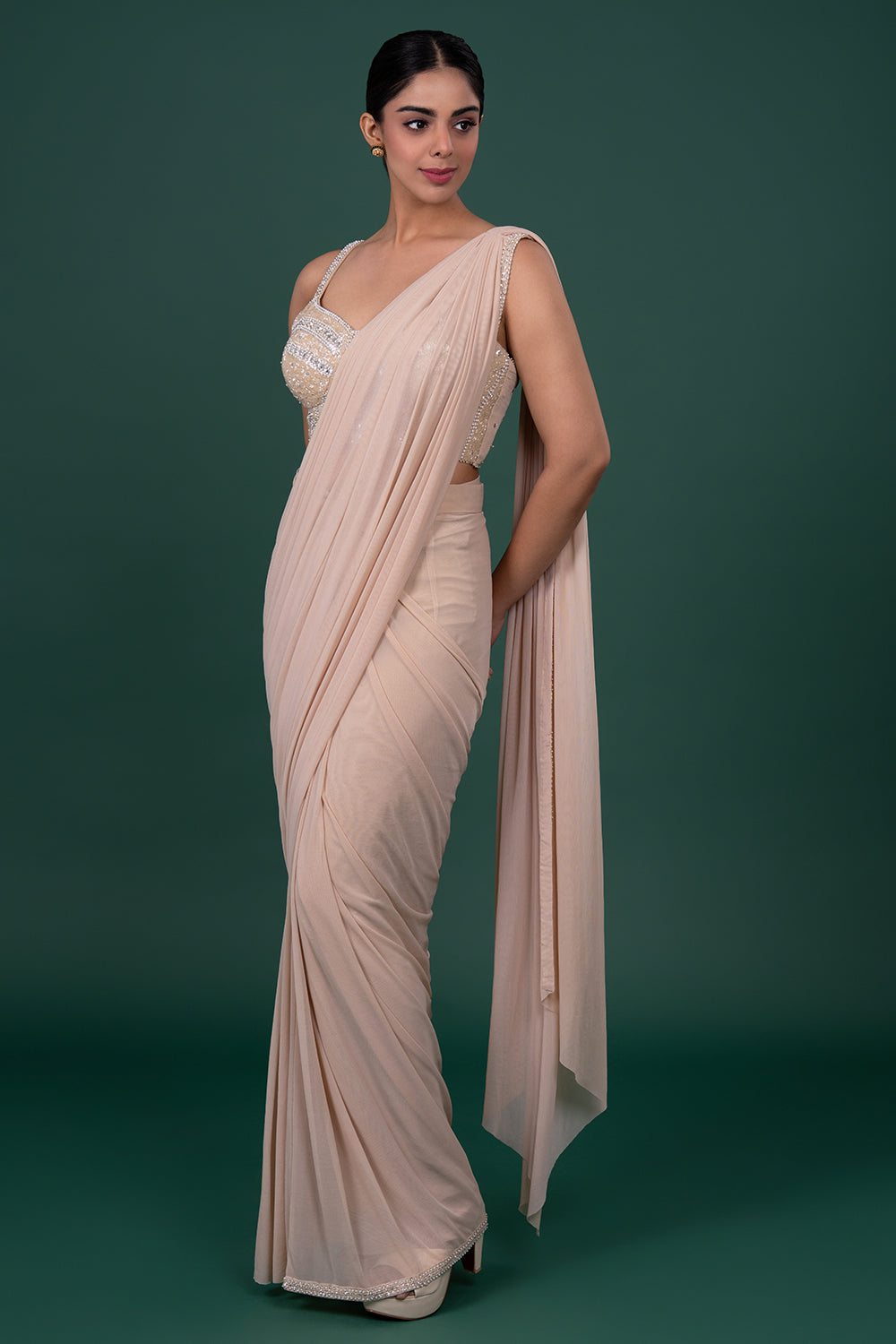 Beige Per-stitched Saree in Lycra net with Sequins, American Daimonds and Beaded blouse