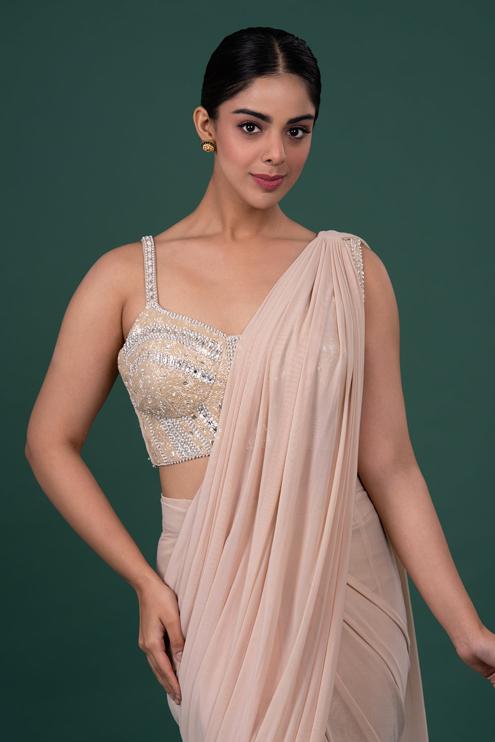 Beige Per-stitched Saree in Lycra net with Sequins, American Daimonds and Beaded blouse