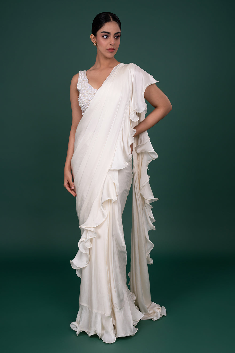 Beige Ruffle Pre-Draped Saree with Sequins Blouse