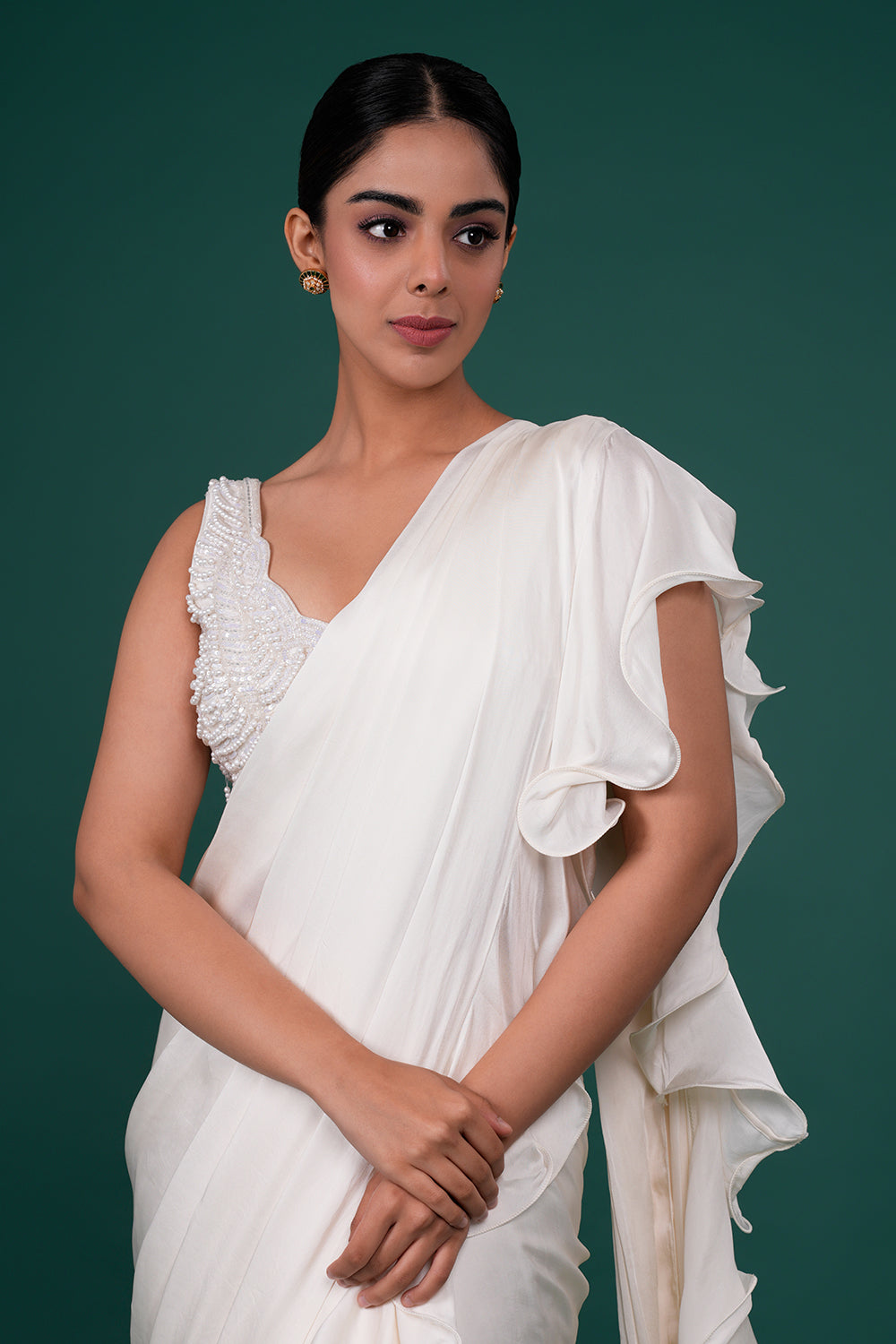 Beige Ruffle Pre-Draped Saree with Sequins Blouse