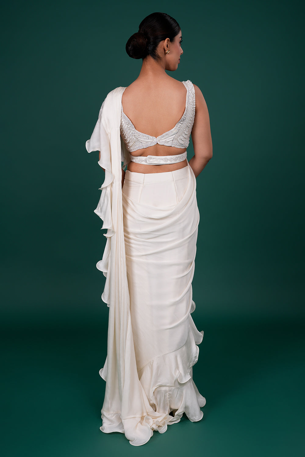 Beige Ruffle Pre-Draped Saree with Sequins Blouse