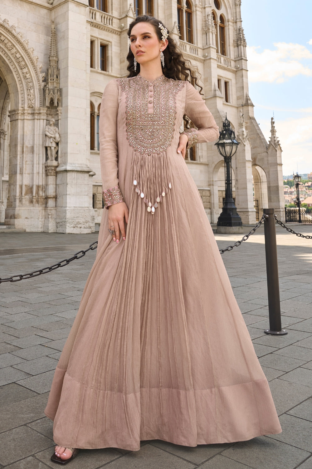 Beige Silk Anarkali Set with Mirror and Embroidery Work