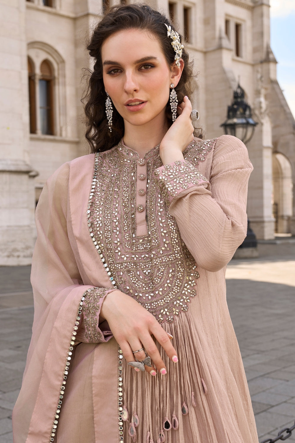 Beige Silk Anarkali Set with Mirror and Embroidery Work