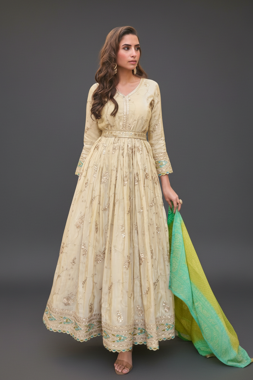Beige Silk Anarkali Set with Sequins and Embroidery Work