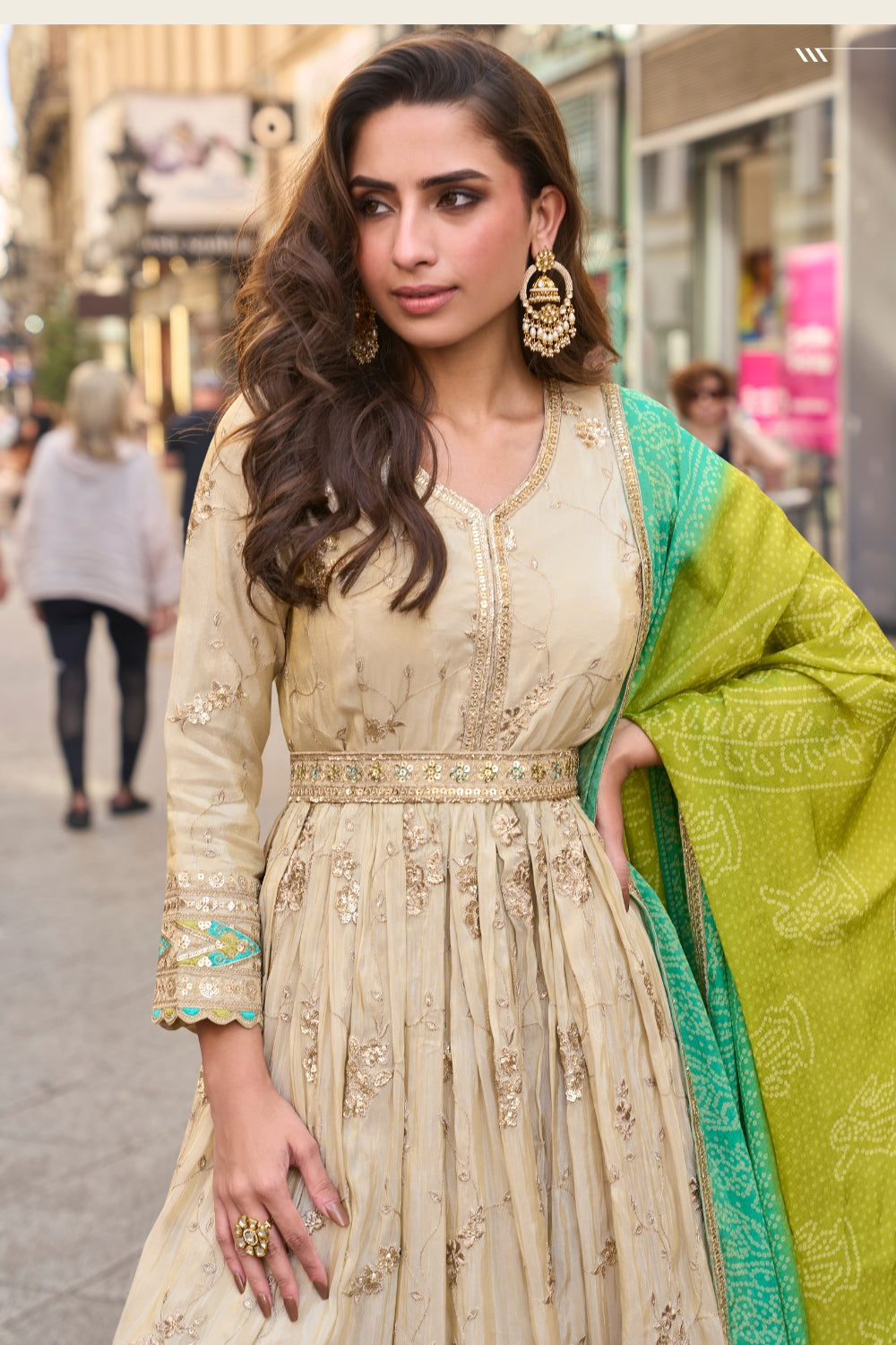Beige Silk Anarkali Set with Sequins and Embroidery Work