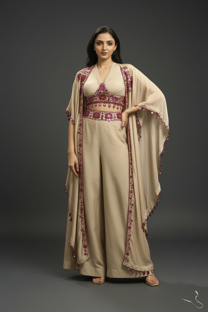 Beige Silk Indo Western with Mirror and Sequins Work