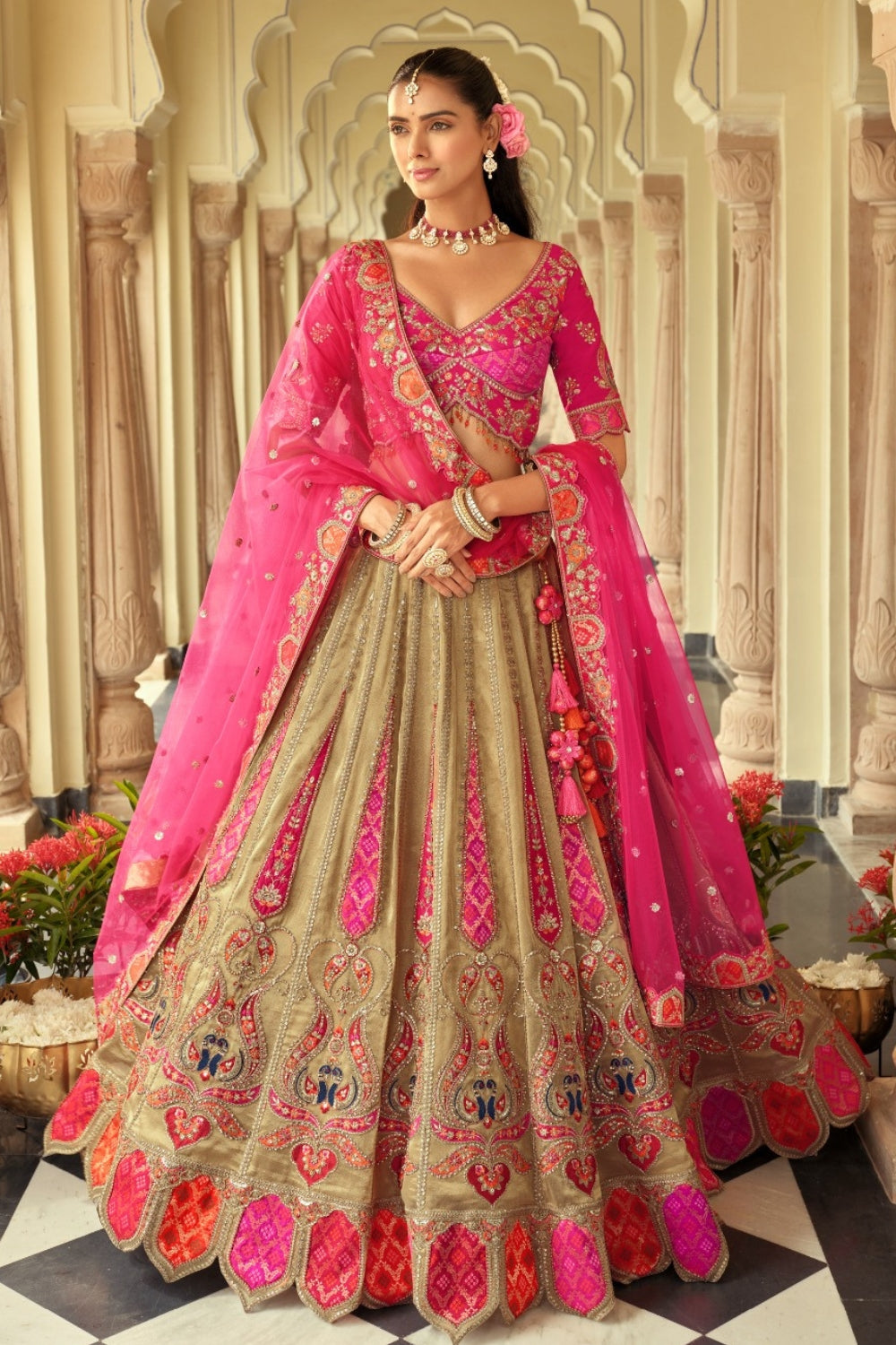 Beige Silk Lehenga Choli With Stone and Cutdana Work