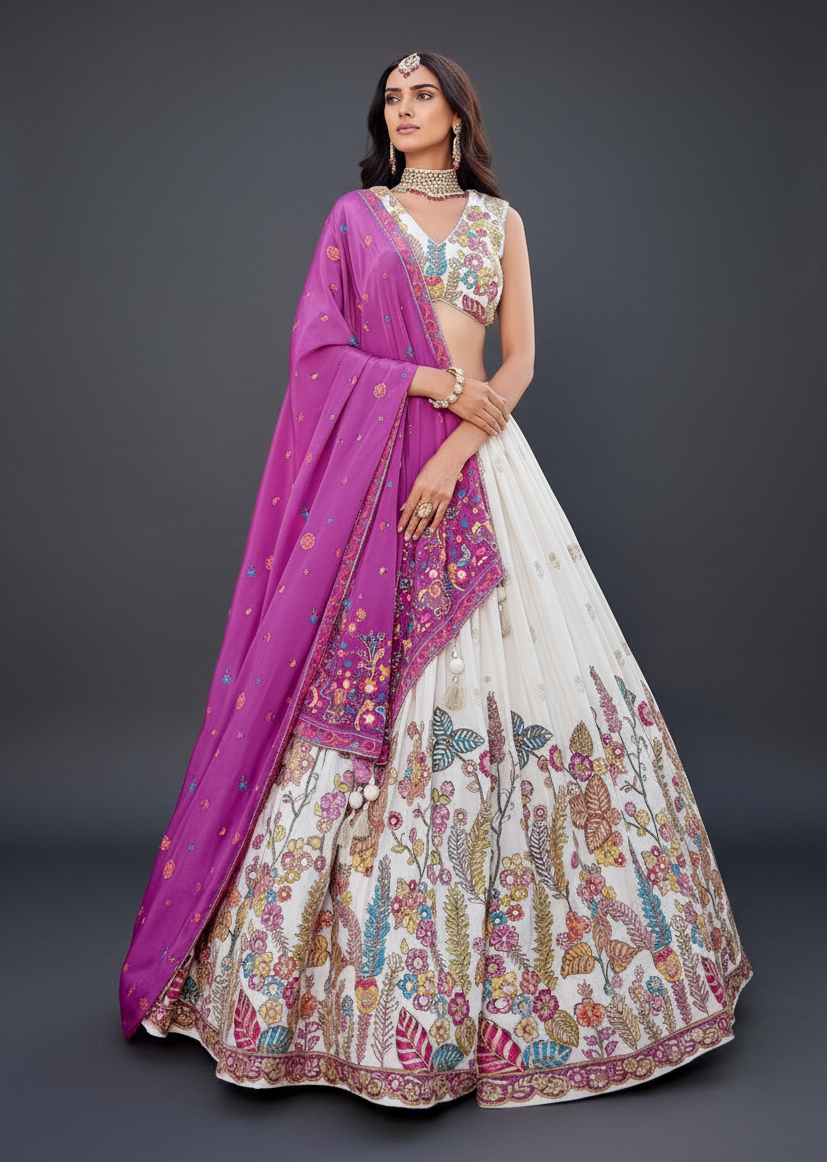 Beige Silk Lehenga Set with Resham Embroidery and Sequins Work