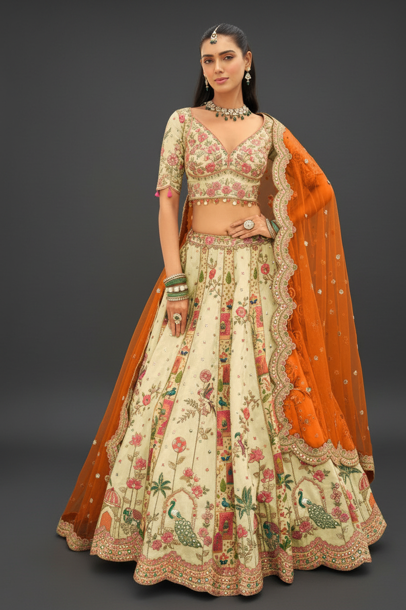 Beige Silk Lehenga with Stone and Cutdana Work