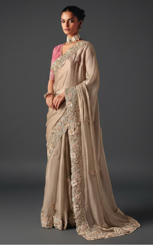 Beige Silk Saree with Moti and Stone Work