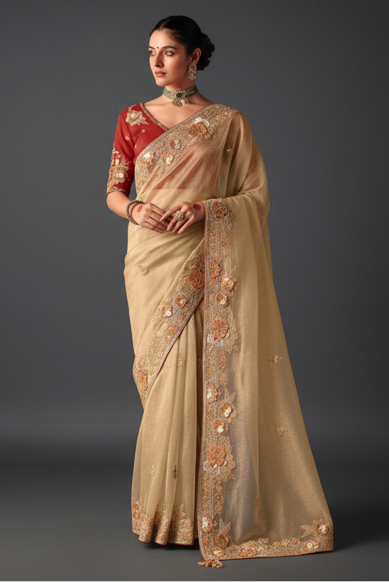 Beige Silk Saree with Resham Embroidery and Moti Work