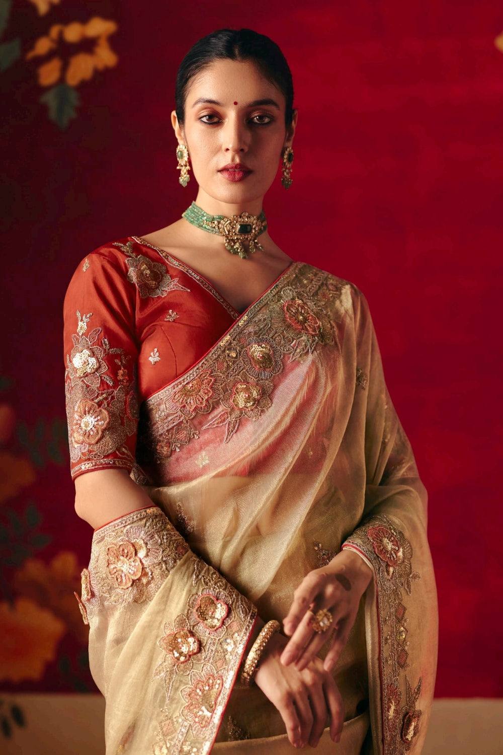Beige Silk Saree with Resham Embroidery and Moti Work