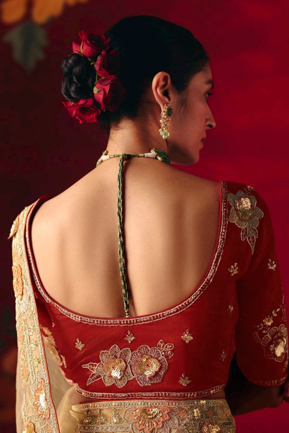 Beige Silk Saree with Resham Embroidery and Moti Work