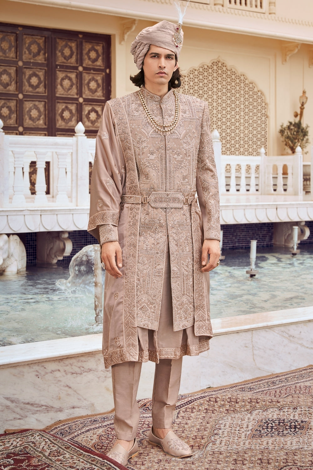 Beige Silk Sherwani with Cutdana and Embroidery Work