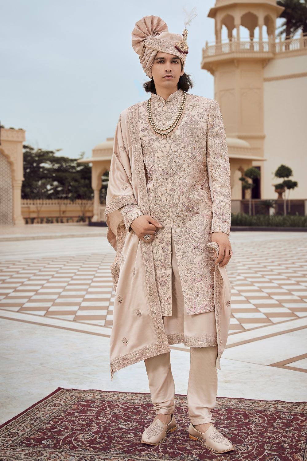 Beige Silk Sherwani with Sequins and Resham Embroidery 