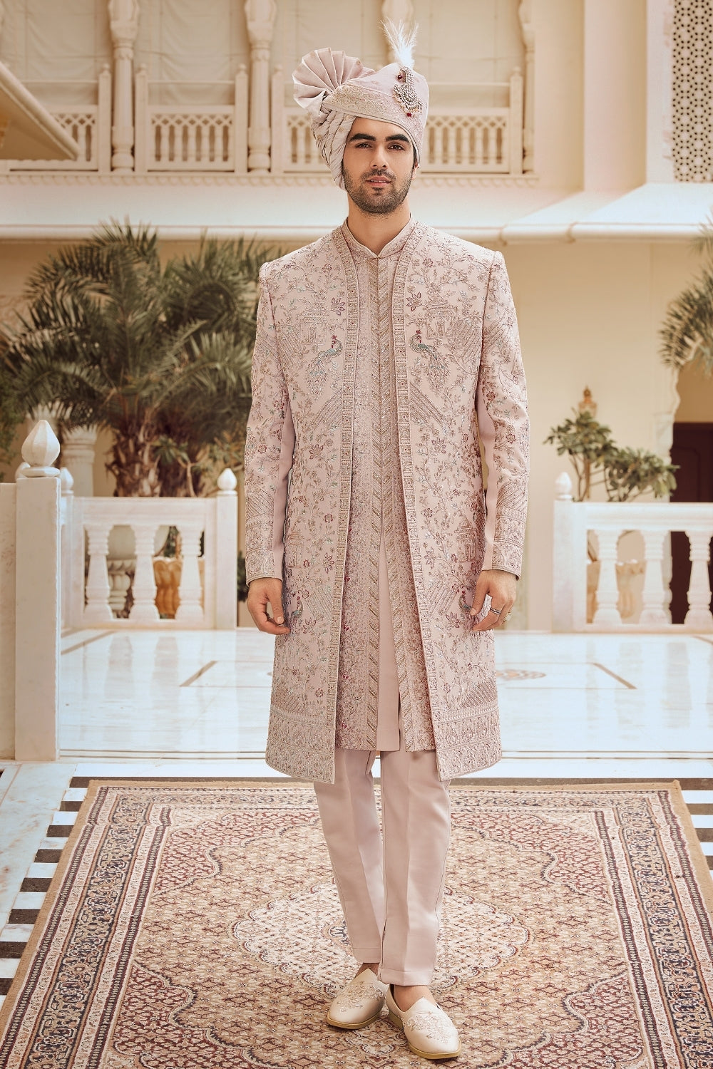 Beige Silk Sherwani with Stone and Resham Embroidery
