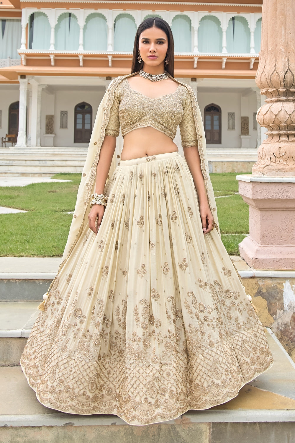Beige Silk Tissue Lehenga Set with Moti and Zardosi Work