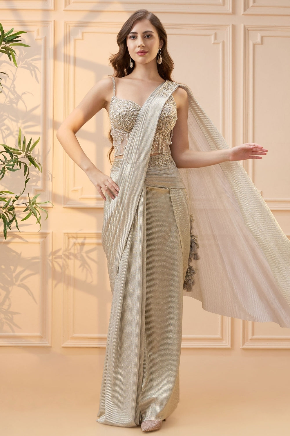 Beige Simmar Drape Saree with Cutdana and Sequins Work