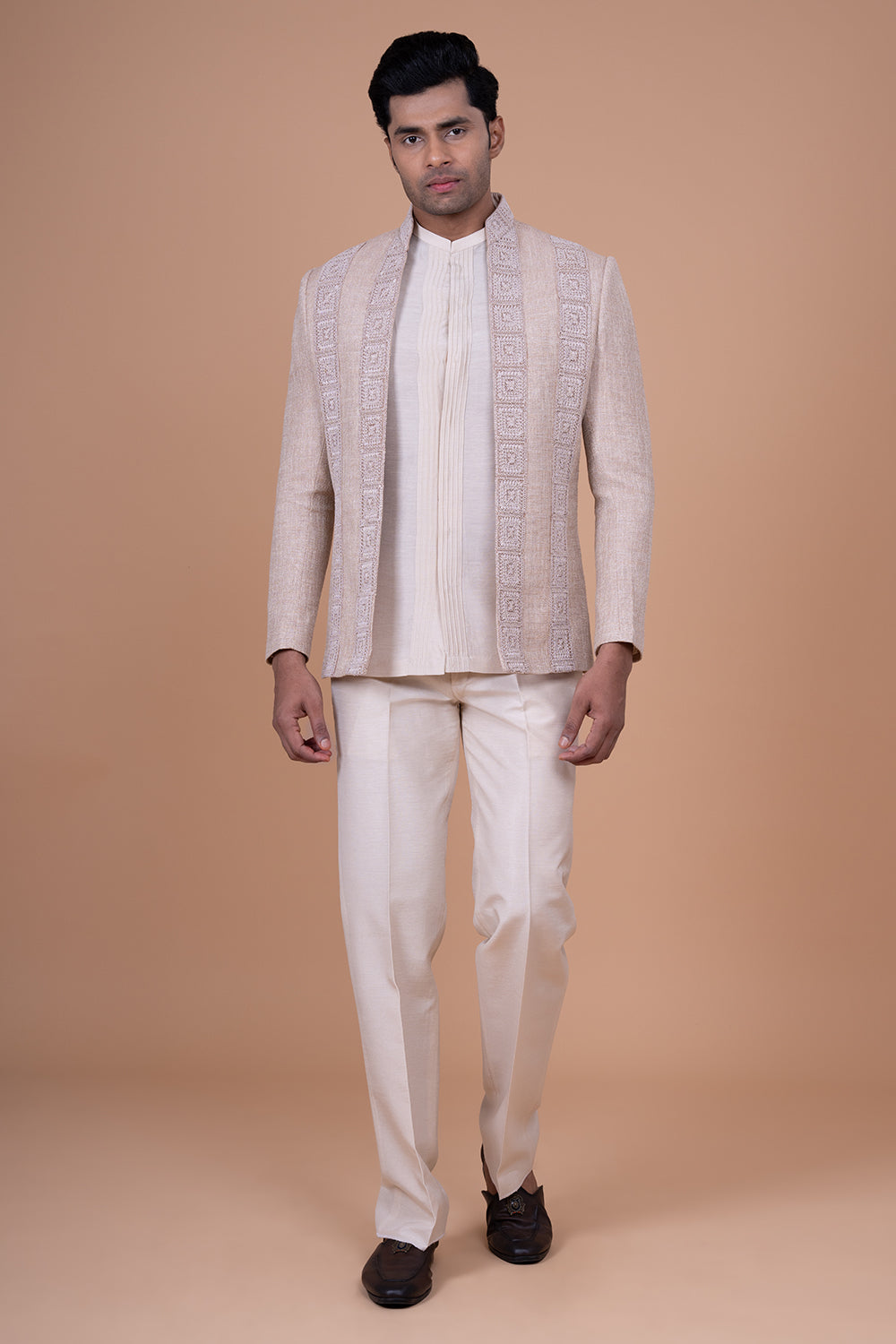 Beige Textured Jacket with Geometric Linear Thread-work Panel.