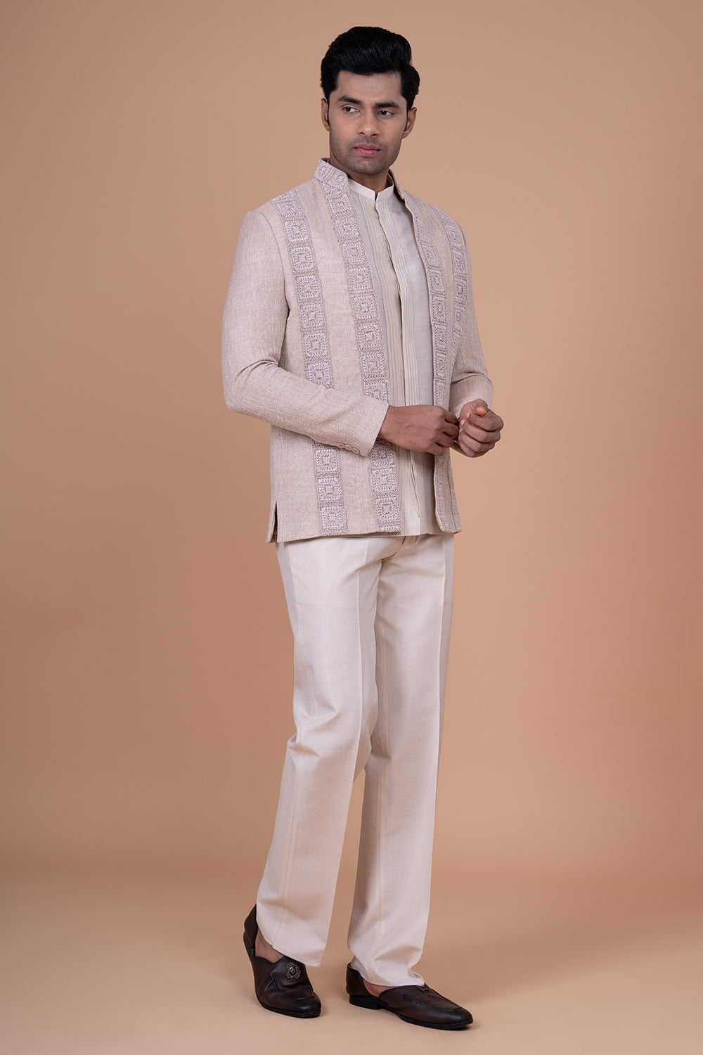Beige Textured Jacket with Geometric Linear Thread-work Panel.