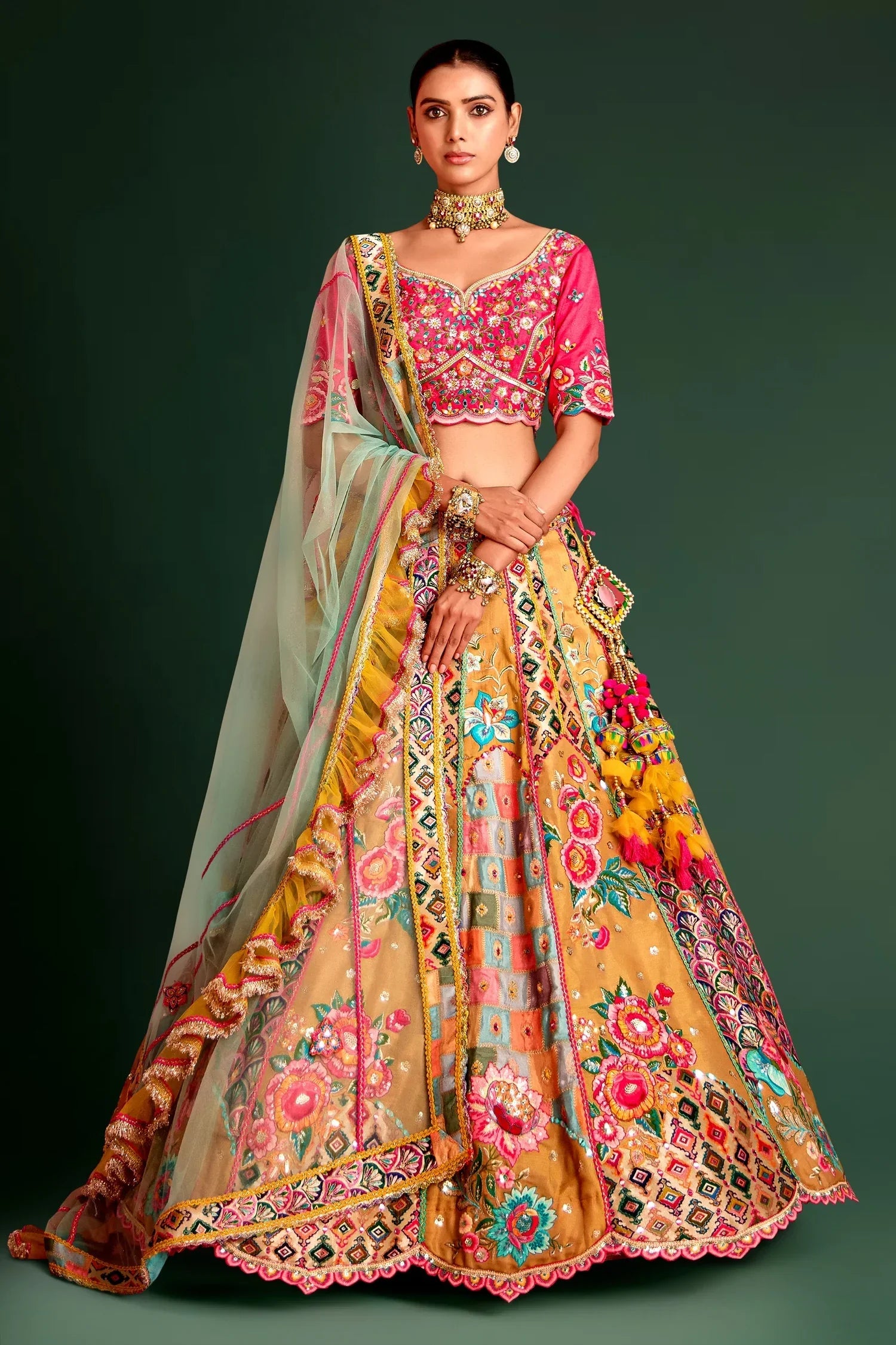 Beige Tissue Floral Motifs and Sequin Mirror Work Designer Lehenga