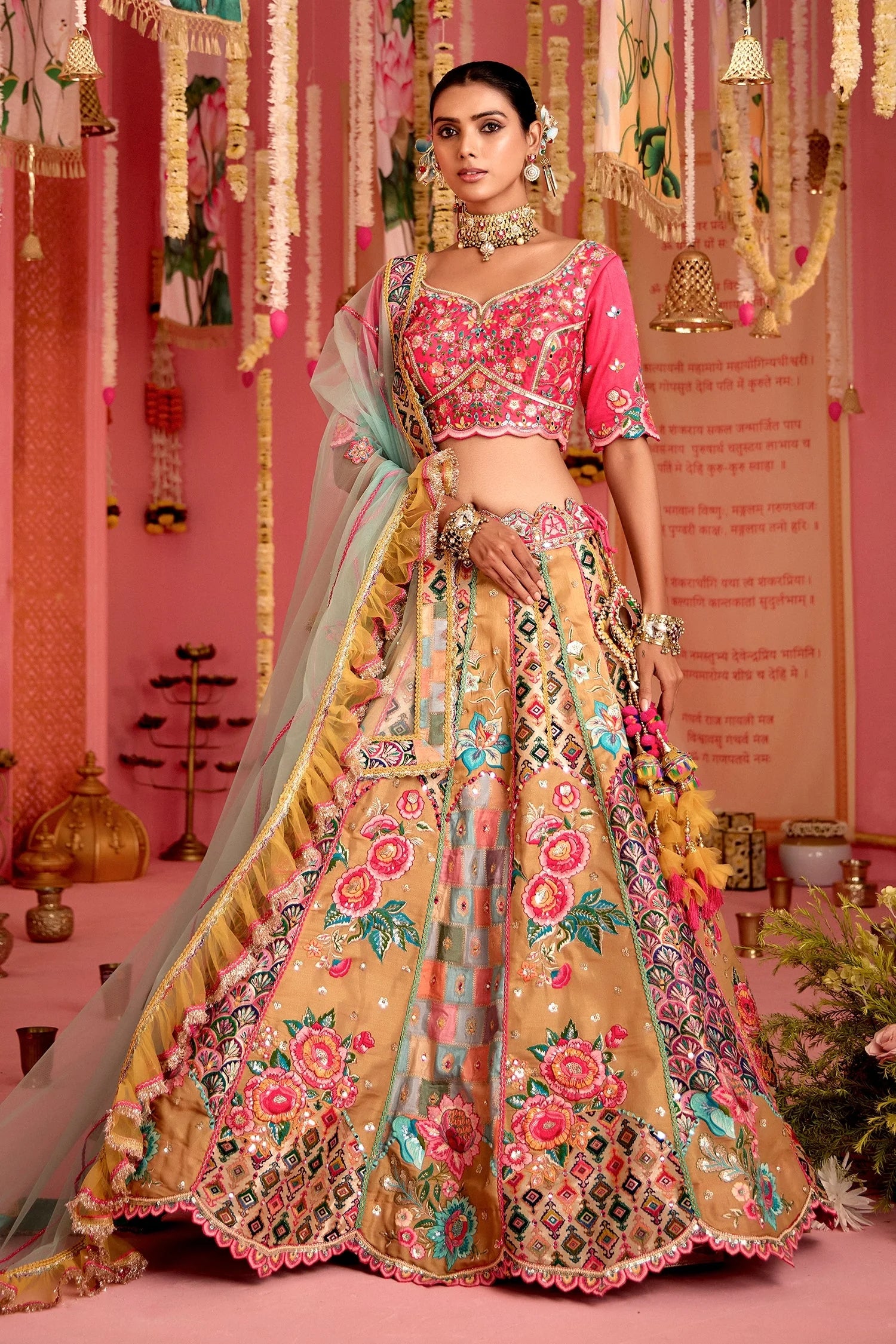 Beige Tissue Floral Motifs and Sequin Mirror Work Designer Lehenga