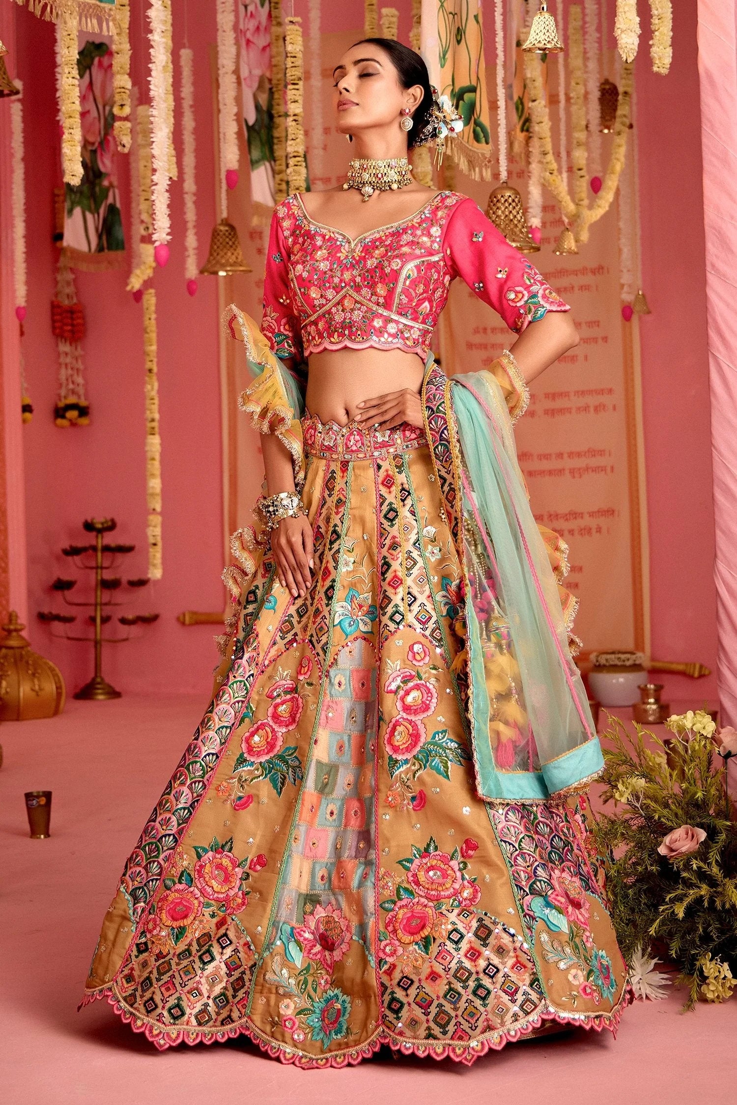 Beige Tissue Floral Motifs and Sequin Mirror Work Designer Lehenga
