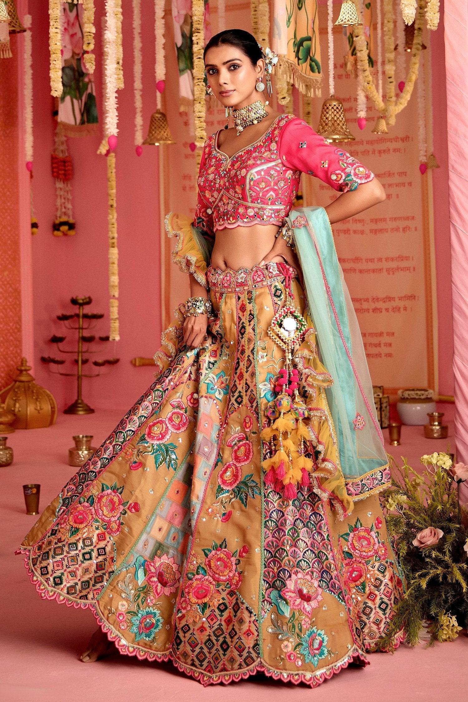 Beige Tissue Floral Motifs and Sequin Mirror Work Designer Lehenga