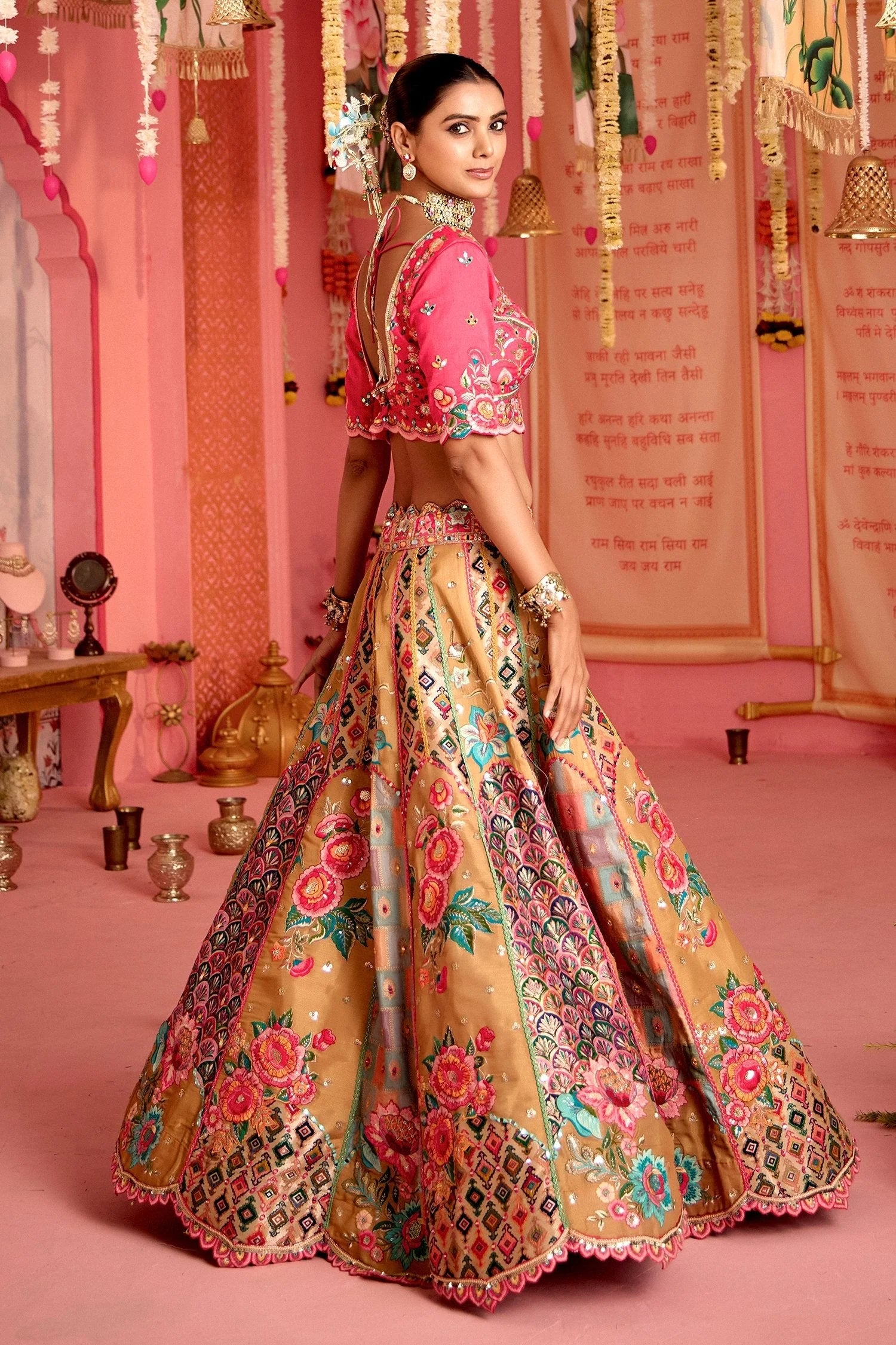 Beige Tissue Floral Motifs and Sequin Mirror Work Designer Lehenga
