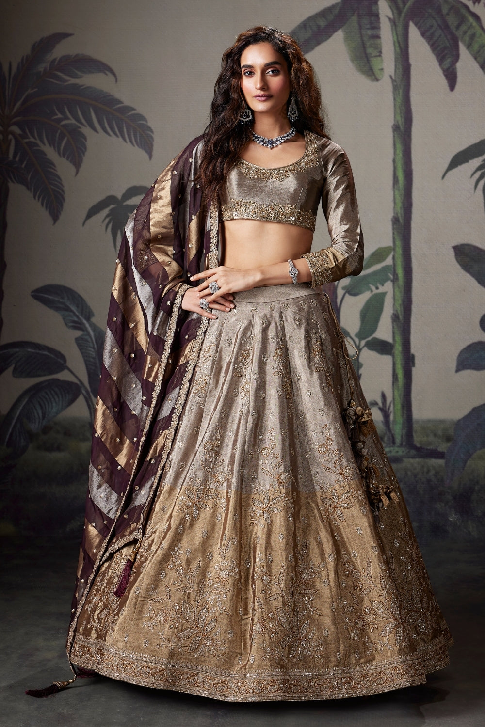 Beige Tissue Lehenga Set with Zardosi Embroidered Work
