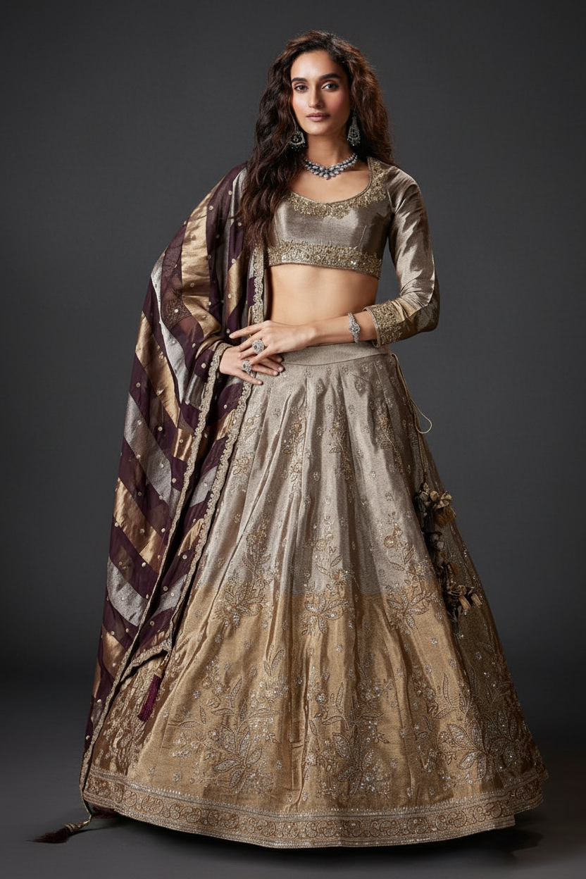 Beige Tissue Lehenga Set with Zardosi Embroidered Work