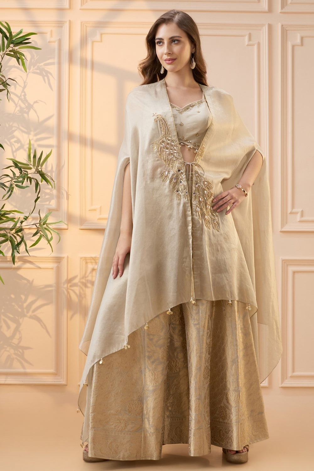 Beige Tissue Palazzo Set with Cutdana and Sequins Work