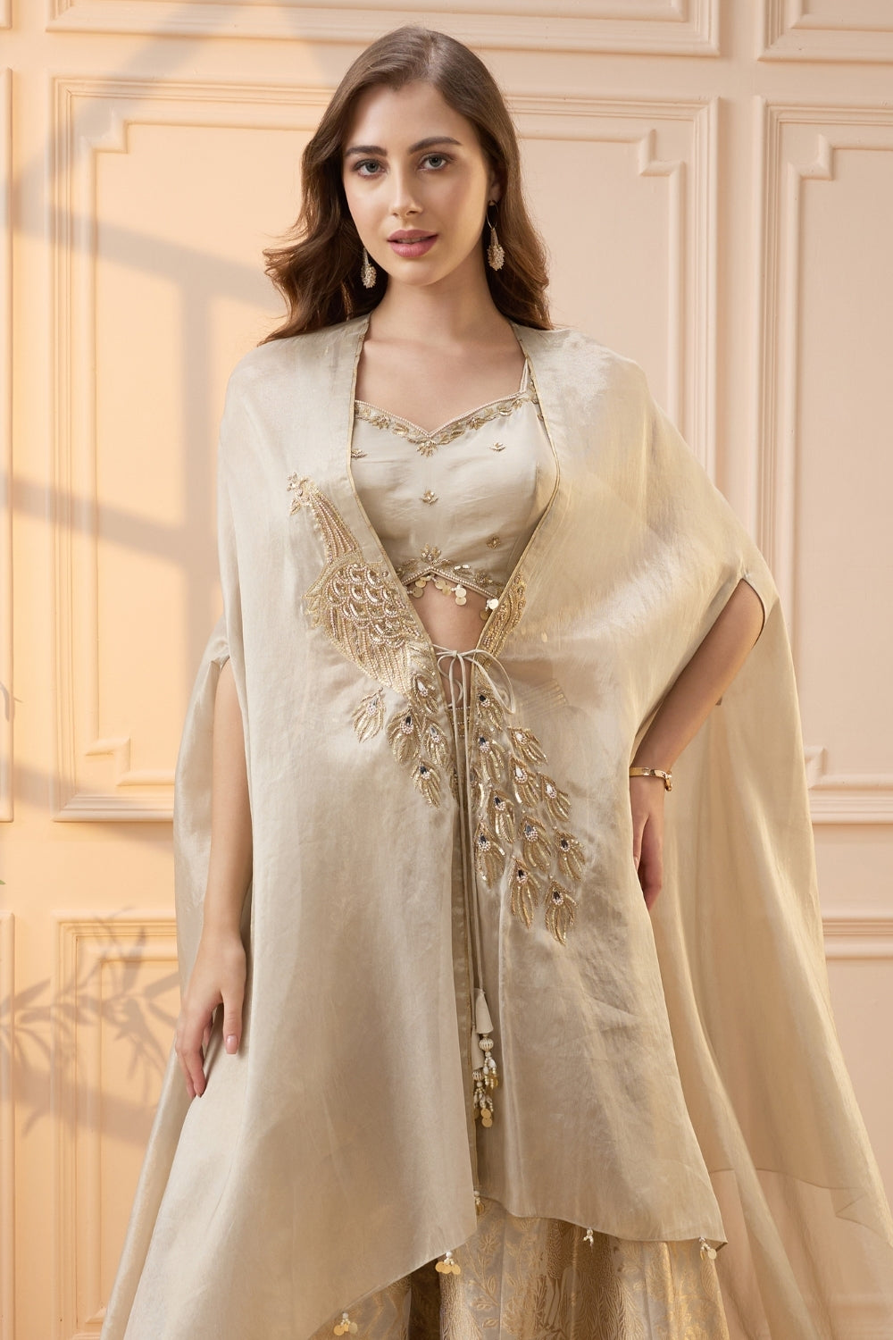 Beige Tissue Palazzo Set with Cutdana and Sequins Work