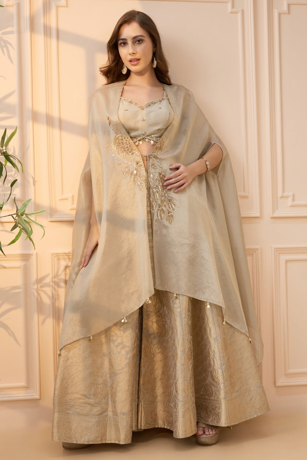 Beige Tissue Palazzo Set with Cutdana and Sequins Work