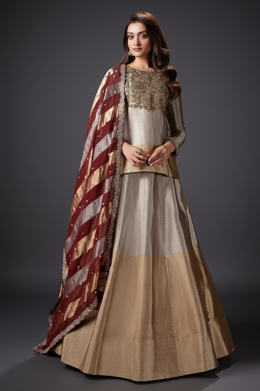 Beige Tissue Lehenga Set With Zardosi and Moti Work