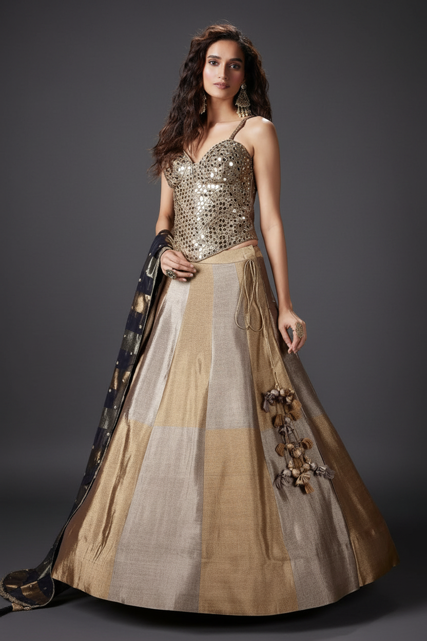 Beige Tissue Silk Lehenga Set with Mirror-Embroidered