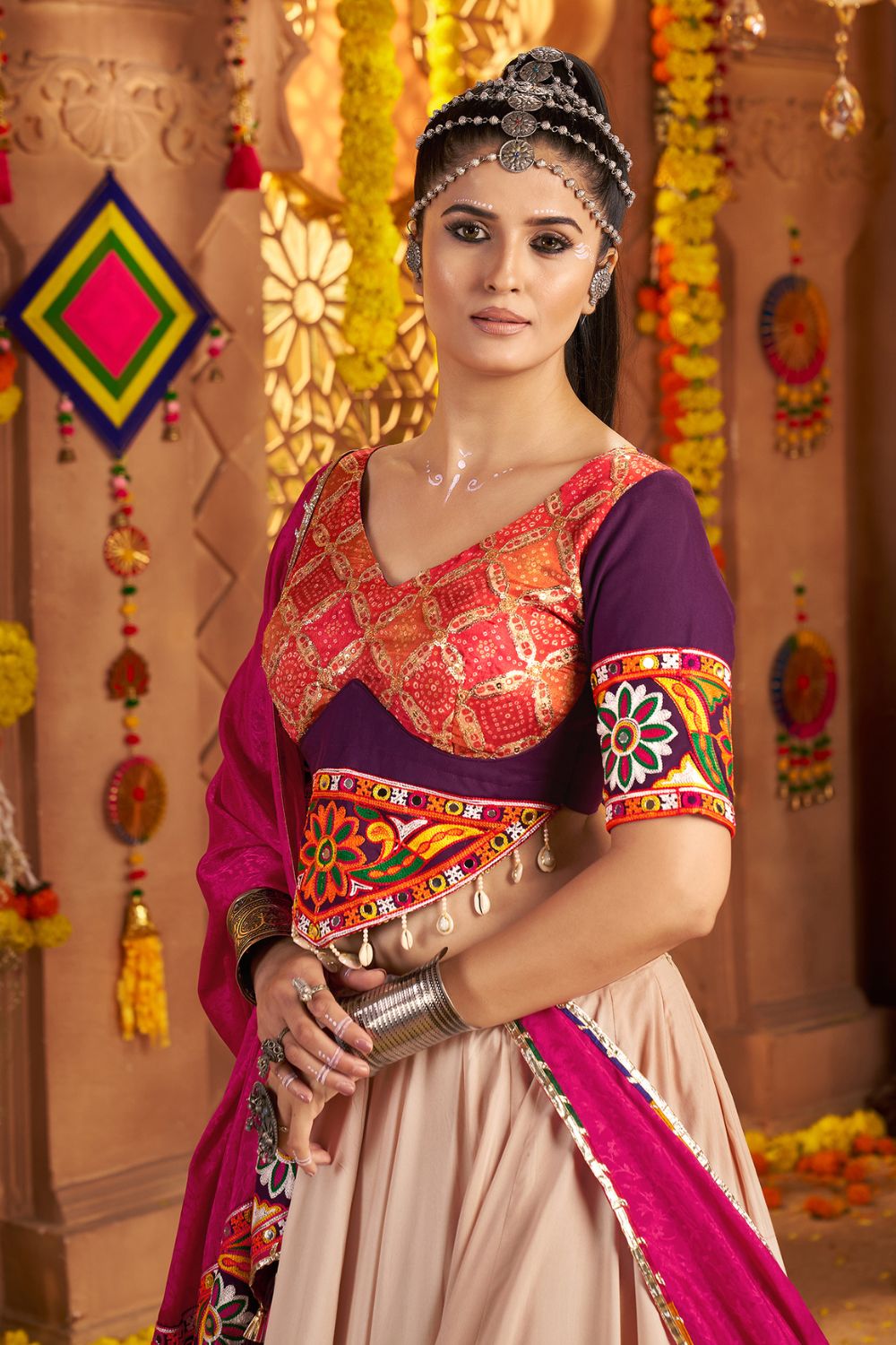 Beige Viscose Rayon Navratri Lehenga Choli with Sequins and Thread Embroidery Work