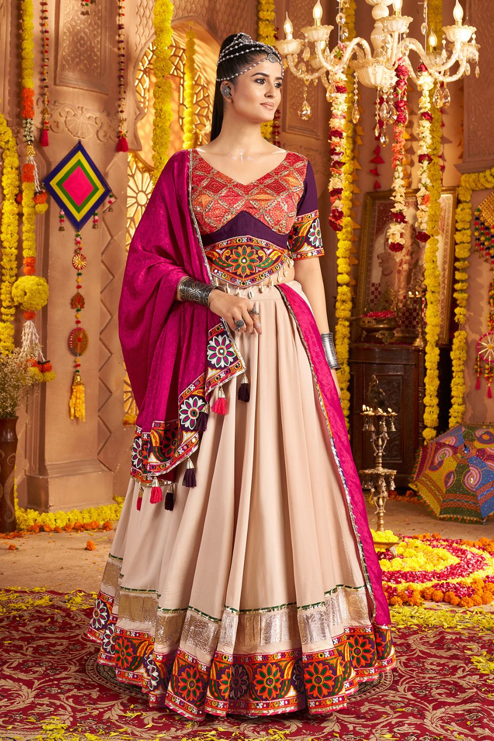 Beige Viscose Rayon Navratri Lehenga Choli with Sequins and Thread Embroidery Work