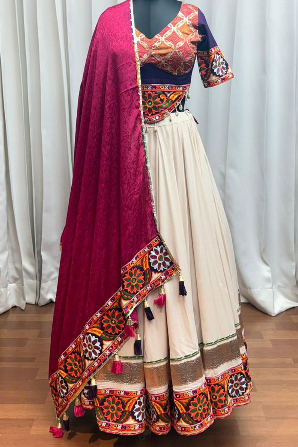 Beige Viscose Rayon Navratri Lehenga Choli with Sequins and Thread Embroidery Work