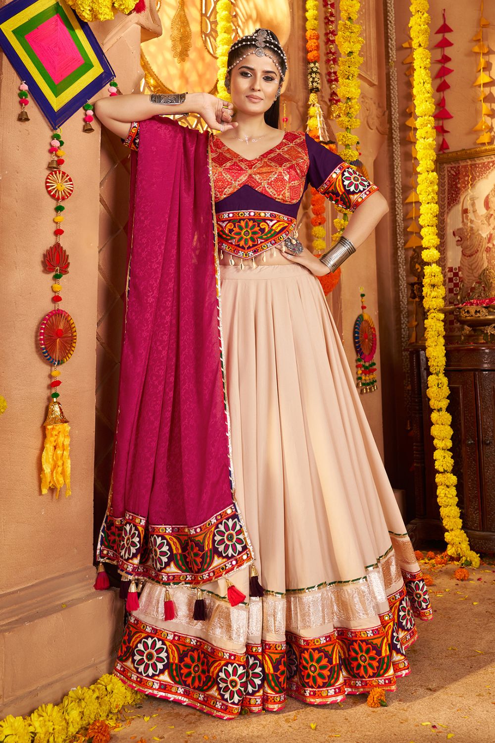 Beige Viscose Rayon Navratri Lehenga Choli with Sequins and Thread Embroidery Work