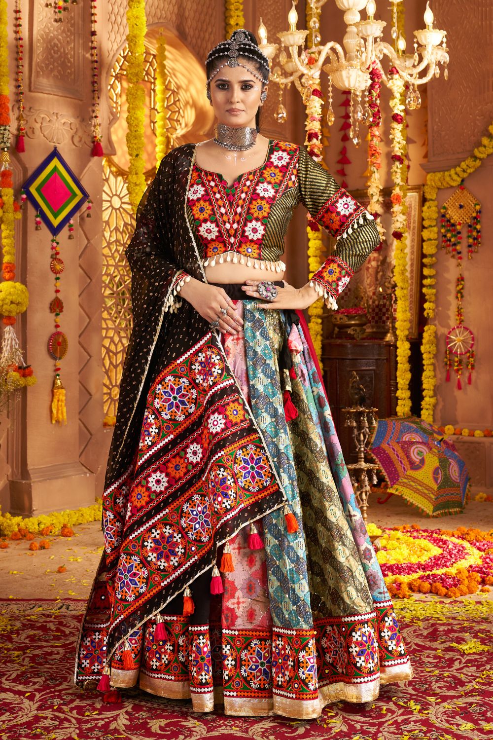Black and Multi Viscose Rayon Navratri Lehenga Choli with Sequins and Thread Embroidery Work
