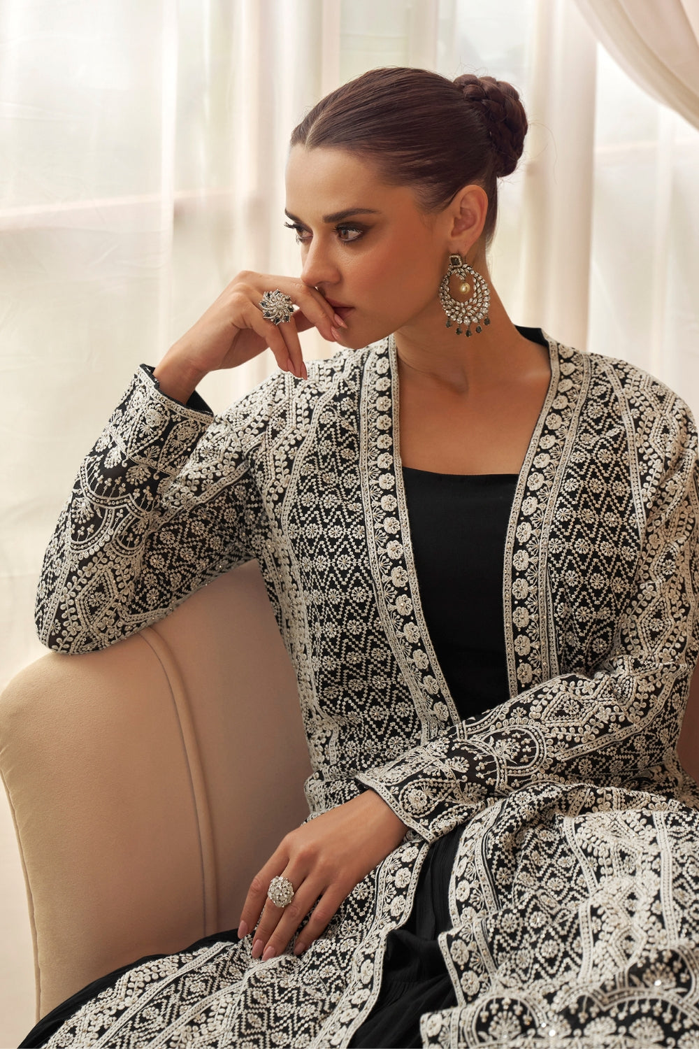 Black Chinon Anarkali Set with Resham Embroidery and Sequins Work